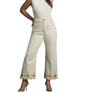 Maeve Colette Flower Embroidered denim Twill Wide leg Jeans Off White Size 30